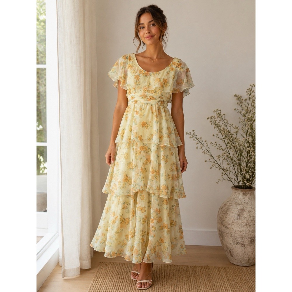 Vintage 1970s Sylvia Ann Yellow Floral Tiered Chiffon‎ Maxi Dress Size 8